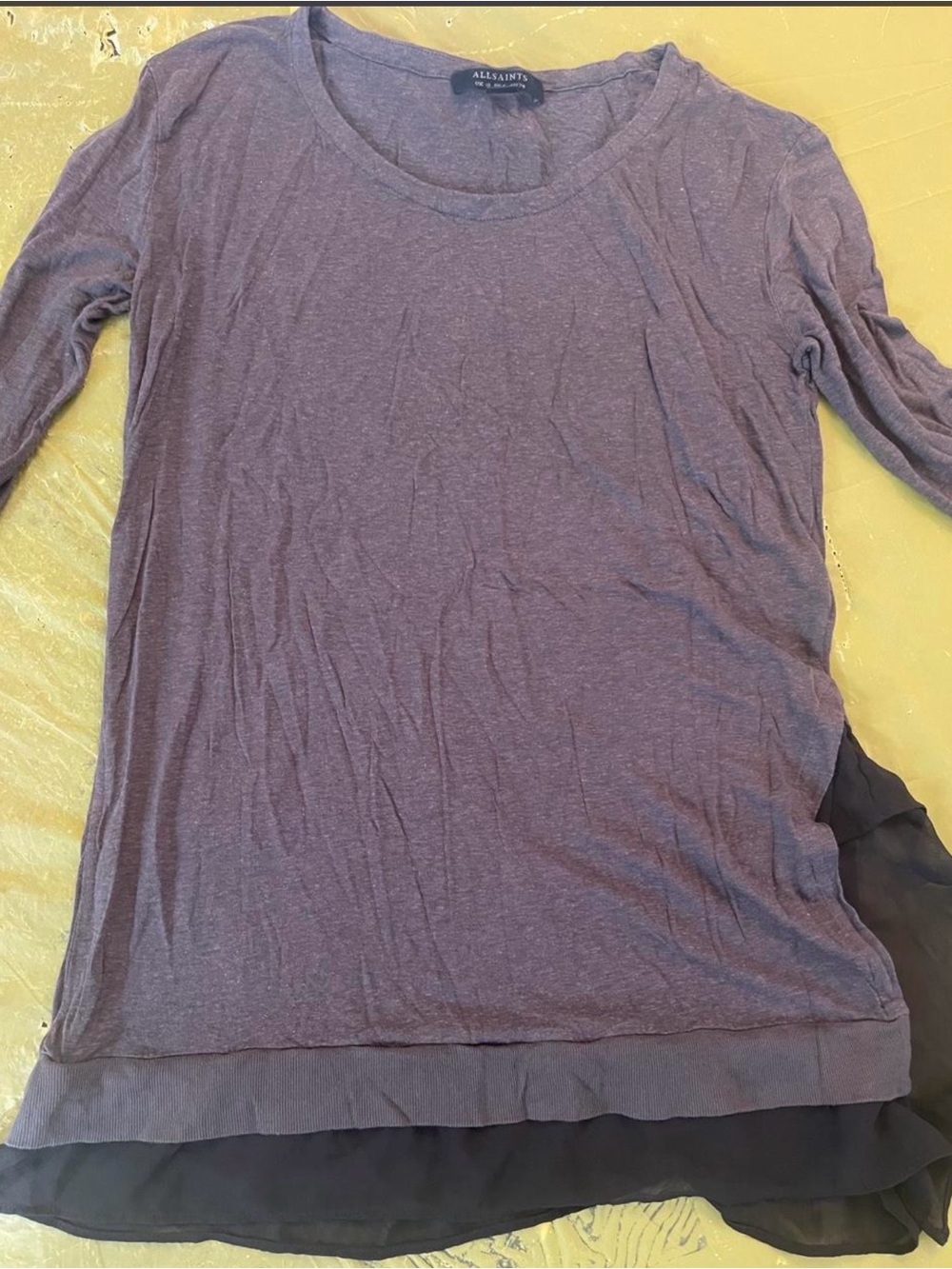 AllSaints purple long sleeve top with black hem, size US 6